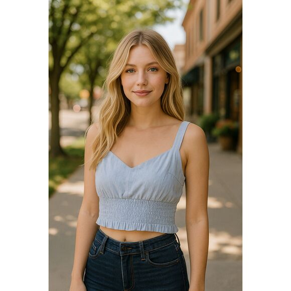 Lost + Wander Blue Smocked Crop Top Women’s Medium Linen Blend Cottagecore - Picture 1 of 7